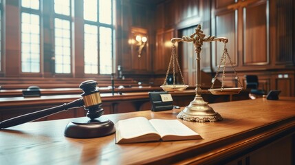 Elegant courtroom interior with judge's gavel and law books