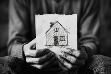 an elderly man in old clothes on the street holds a sign, a drawing with a picture of a house. poor, homeless, social problems