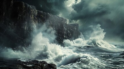 Waves crashing against rugged cliffs as a storm-tossed sea churns beneath a turbulent sky.
