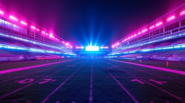 American Football Stadium Neon Lights: A photo of an empty American football stadium illuminated by neon lights