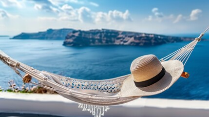 A Hammock and Hat Capturing the Spirit of Summer Travel Beside the Blue Sea