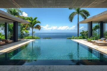A large pool in the back of an open living room with floor to ceiling windows overlooking coconut palm trees and blue ocean water, a small island off in one side