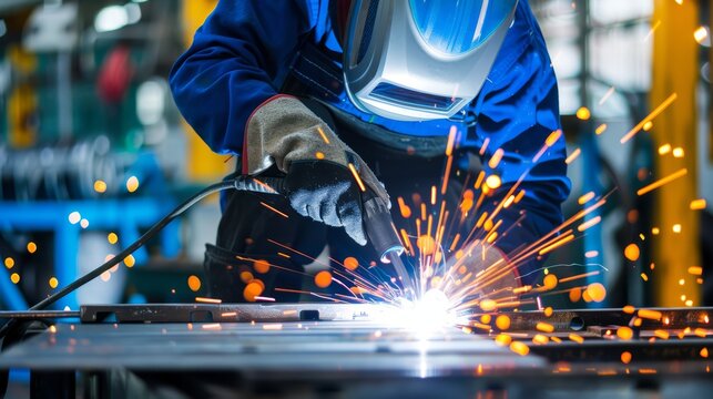 Skilled welder in action in a fabrication shop, welding metal components with precision and expertise, close-up