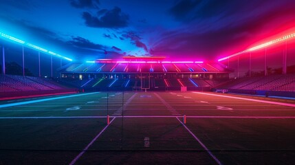 Football Stadium Neon Lights: Photos showcasing an empty football stadium illuminated by neon lights