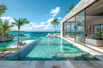 Fototapeta premium A large pool in the back of an open living room with floor to ceiling windows overlooking coconut palm trees and blue ocean water, a small island off in one side