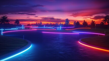 Golf Courses Neon Lights: A photo showcasing empty golf courses with neon lights