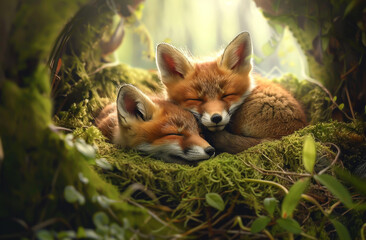 Fototapeta premium Photorealistic image of two fox cubs in a den