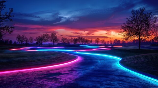 Golf Courses Neon Glow: A photo showcasing the neon glow of empty golf courses