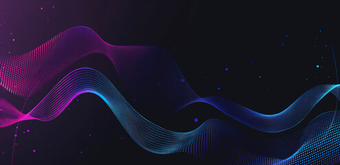 Abstract colorful wave with purple background, blue and green colors. The wave is very long and has a lot of dots, A blue and purple wave with many dots