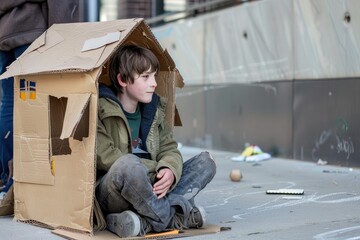a teen boy sits outside in a house made of cardboard boxes
