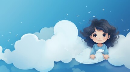 Card invitation background, A young girl in a whimsical scene, sitting gracefully on a cloud against a beautiful sky backdrop