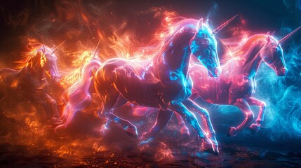 Neon Fantasy Creatures Unicorns: A photo of imaginary creatures like unicorns depicted in neon colors