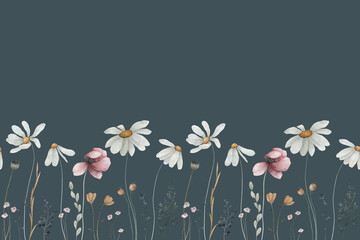 Watercolor seamless border with flowers . Hand drawn flortal  illustration on dark background