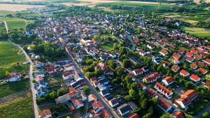 Aerial view of the old town of the city Essenheim on a sunny spring day in Germany	