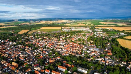 Aerial view of the old town of the city Sprendlingen on a sunny spring day in Germany	