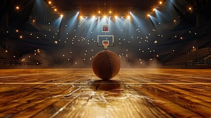 Basketball sport arena stadium court on spotlight with basketball on floor. sport background poster