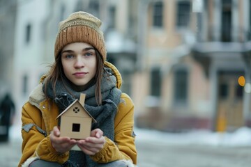 a woman sits on the street in the city and holds in his hands a house made of cardboard backing