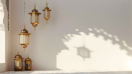 Arabic lanterns and decorations on a white wall background. Copy space for text in a gold color