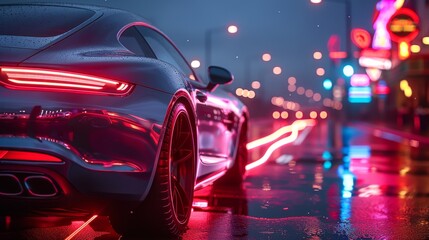 On street at night, a shiny blue car is seen in the back. On track, the car is racing, leaving a neon trail of lights behind it. Generative artificial intelligence.