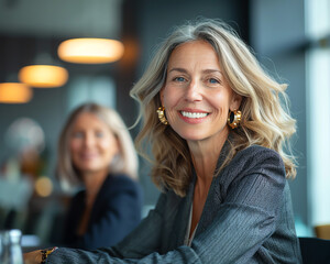 Smiling senior businesswoman sitting by female colleague in board room during meeting