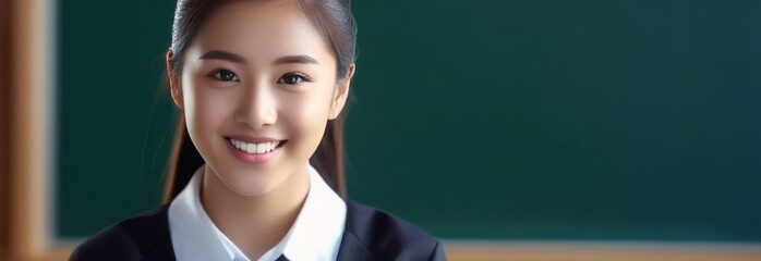 Smiling Asian high school schoolgirl against the background of a green school board with space for text. Back to school