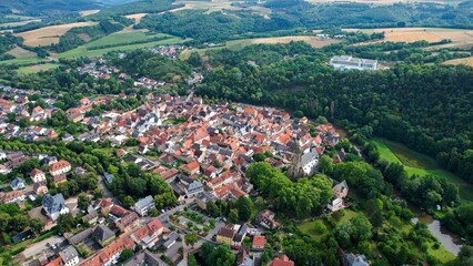 Aerial view around the old town of the city Meisenheim on a sunny day in Germany.