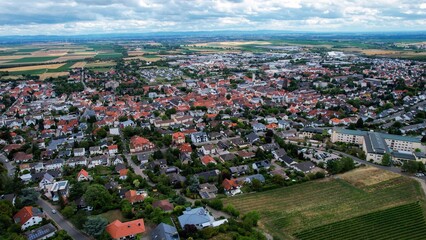 Aerial view around the old town of the city Grünstadt on a sunny day in Germany.