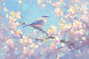 oil painting of bird on branch, colorful background, vibrant colors, beautiful lighting