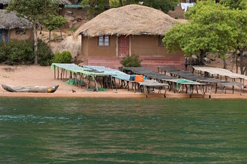 View of the fishing village of Zambo by Lake Malawi, near Monkey bay town. Malawi. Africa.
