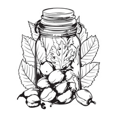 Autumn leaves and acorns inside jar, black flat vector icon design on white background