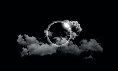 Total Solar Eclipse Illustration with cloud dark abstract background. Solar system. Big Crystal flare on the sun isolated black background. Magnetic storms on the sun. Astronomy science. Lunar cycle.