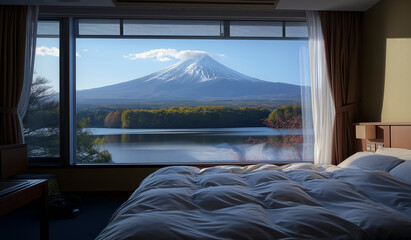 A mountain is visible in the distance behind a bed. The view is serene and peaceful. The curtains are drawn, allowing the light to shine through the window and illuminate the bed background