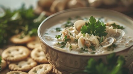 the process of making clam chowder,Creamy Clam Chowder with Fresh Parsley. Close-up of creamy New England clam chowder garnished with parsley in a bowl,New England clam chowder in a bowl. Generated AI - obrazy, fototapety, plakaty