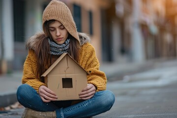 a woman sits on the street in the city and holds in his hands a house made of cardboard backing
