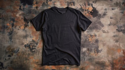 A black empty t-shirt mockup on a brown textured background