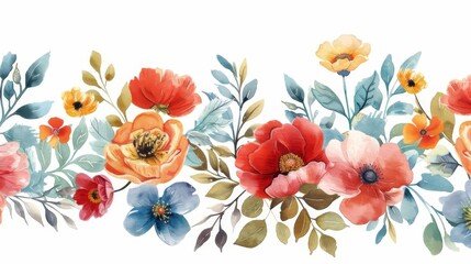 A beautiful watercolor floral arrangement with red, orange, yellow, and blue flowers.