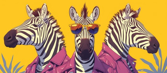 three funny zebras in purple leather jackets and sunglasses on solid background, minimalistic
