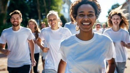 A group of diverse people wearing blank white tshirt mockup running a race in the park, they are all smiling and look happy