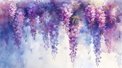 A beautiful watercolor painting of purple wisteria flowers.