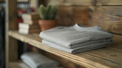 A stack of folded gray t-shirts mockup on a shelf in a store