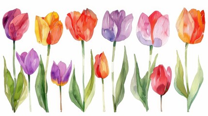 A variety of tulips, painted in watercolor, are arranged in a row against a white background. The tulips are of different colors, including pink, red, orange, purple, and yellow.