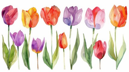 Fototapeta premium A variety of tulips, painted in watercolor, are arranged in a row against a white background. The tulips are of different colors, including pink, red, orange, purple, and yellow.
