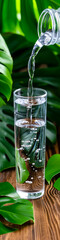 A bottle of water is poured into a glass on a wooden table