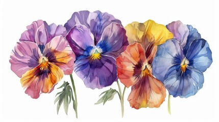 A watercolor painting of purple, yellow, and blue pansies.