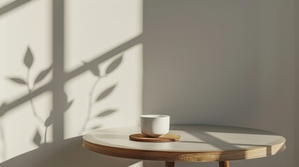 Minimalist side table with blank mug or cup mockup