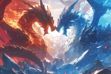 Two dragons, one with blue scales and the other covered in red flames, fight against each other. The background is a dark fantasy landscape