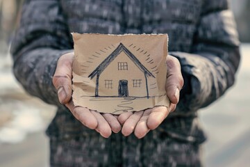an man in old clothes on the street holds a sign, a drawing with a picture of a house. poor, homeless, social problems