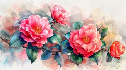 Delicate watercolor painting of pink camellias.