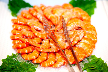 View of the steamed shrimps in the buffet