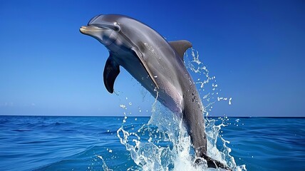 Fototapeta premium A joyful dolphin leaping from crystal-clear waters under a bright sun, splashing waves around, The images are of high quality and clarity